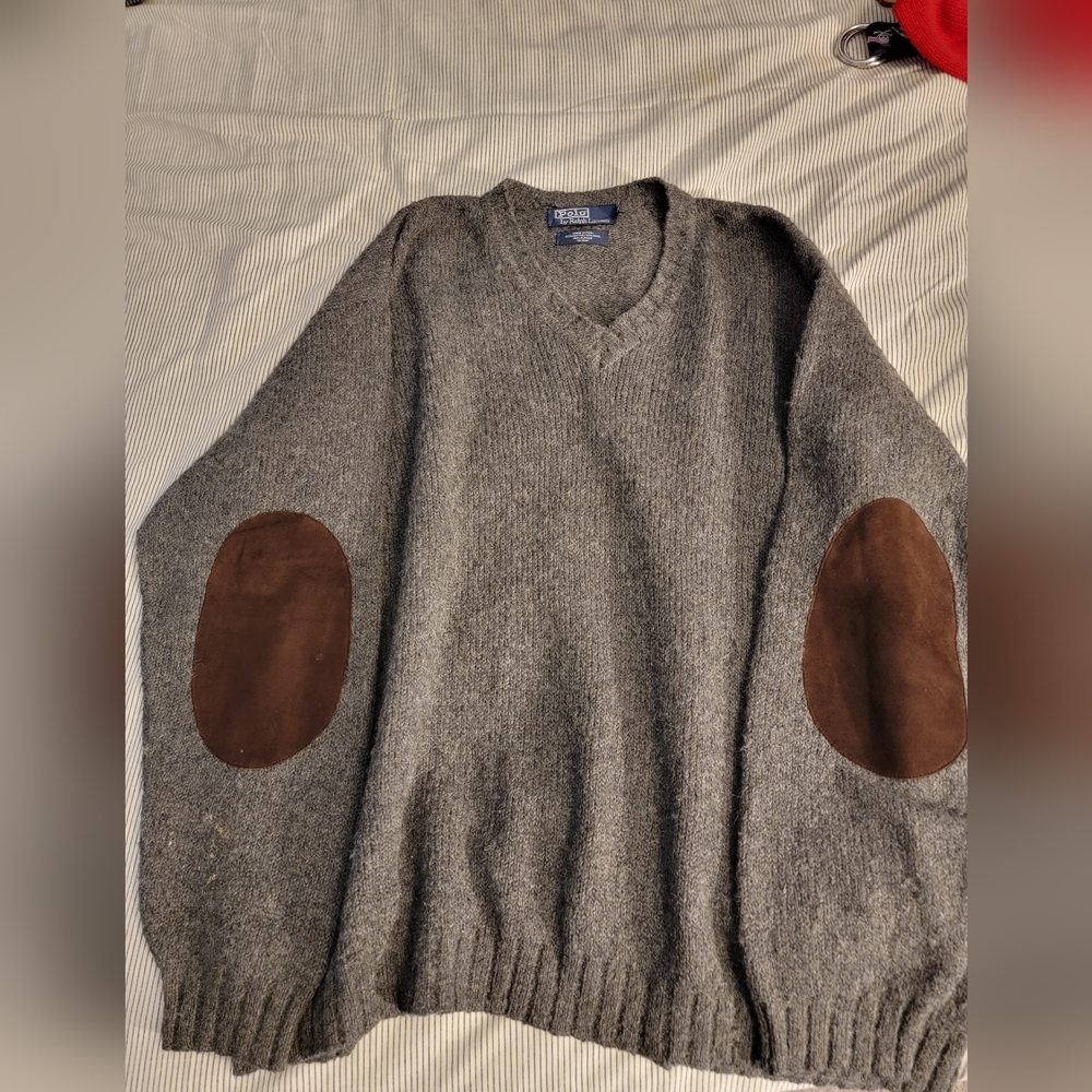 POLO GREY WOOL W BROWN SUEDE ELBOW PATCHES WORN ONCE
